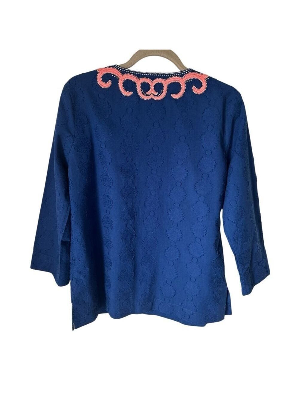 Lilly Pulitzer Amelia Island V Neck Tunic Top Navy Blue Beaded Coral Pink Med - Picture 6 of 10